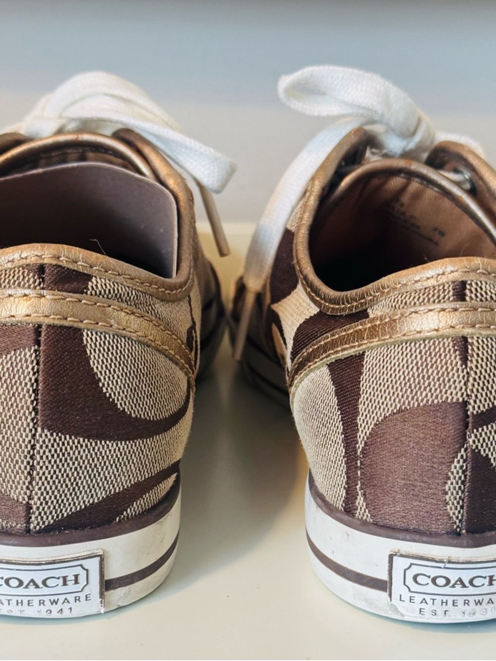 Coach Brown and Tan Logo Sneakers Gold Accents Women’s Size 7B Final price - Picture 5 of 6